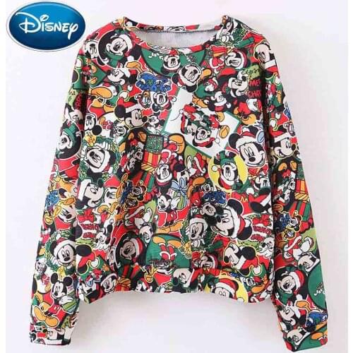 Disney Fashion Mickey Mouse Merry Christmas Letter Cartoon Print Women T-Shirt O-Neck Pullover Long Sleeve Casual Loose Tee Top