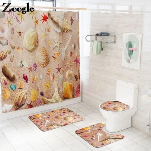 Bathroom Carpet Rug Shower Room Decor Floor Carpet Non-slip U-Shaped Toilet Rug Beach Style Shower Curtain and Toilet Mat Set