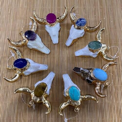 Animal Bull Head Shaped Resin Amethyst Tiger Eye Pendant Used for DIY Jewelry Making Necklace Bracelet Accessories Size 47x47mm