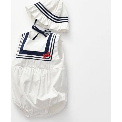 Newborn Baby Summer Clothes Super Cute Girl Navy Style Cotton Bodysuit Thin Toddler Romper With Hat