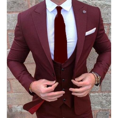 Hot Sale One Button Wine Groom Tuxedos Peak Lapel Groomsmen Mens Wedding Prom Suits (Jacket+Pants+Vest+Tie) NO:135