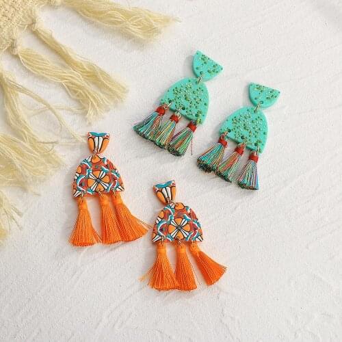 Lifefontier Boho Colorful Printing Long Fringe Tassel Drop Earrings for Women Geometric National Style Acrylic Earrings Jewelry