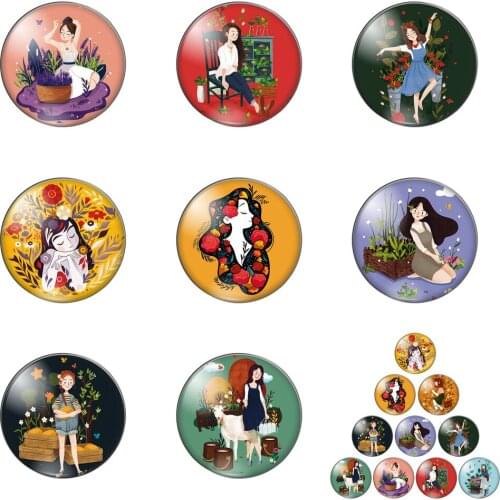 Cute Comic Girl with Flowers Round Photo Glass Cabochon Demo Flat Back Making Findings Handmade DIY Accessories