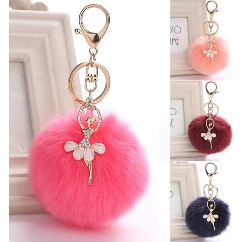 Cute Rhinestone Crystal Angel Car Keychain Fake Fur Key Chain Women Trinket Car Bag Key Ring Jewelry Gift Plush Keychains