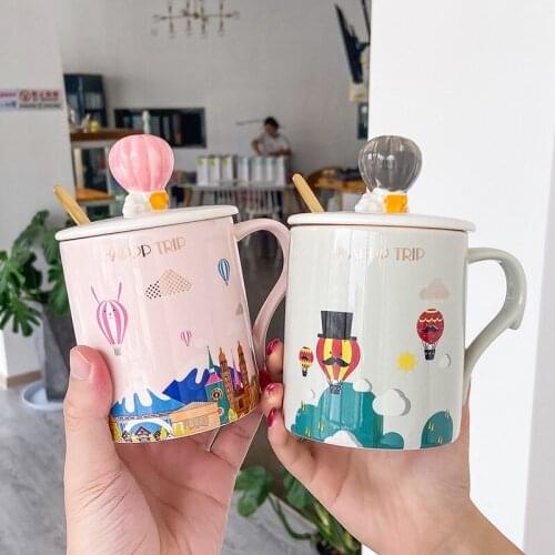 Cartoon Ceramic Mugs For Coffee Water Bottle Tea With Hot Air Balloon Lid Fresh Korean Style Wedding Gift Milk Breakfast Cup