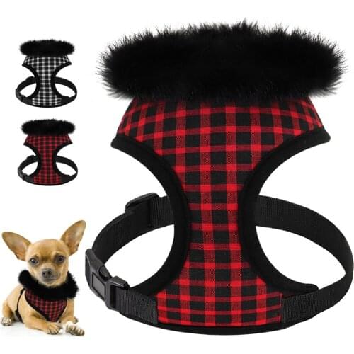 Soft Warm Dog Cat Harness Winter Puppy Cat Vest Plaid Pet Harness With Removable Fur Collar For Small Large Dogs Cats Chihuahua