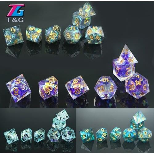 Delicate Handmade 7pcs Polyhedral Mirror Dice Sets with PU Bag Sharp Edges and Beautiful Inclusions Christmas Gift