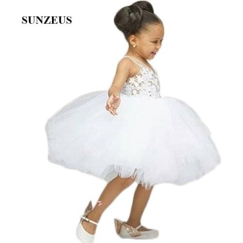 V Neck Sheer Tank White Flower Girls Dresses Knee Length Puffy Ball Gown First Communion Dresses with Appliques Birthday SF55