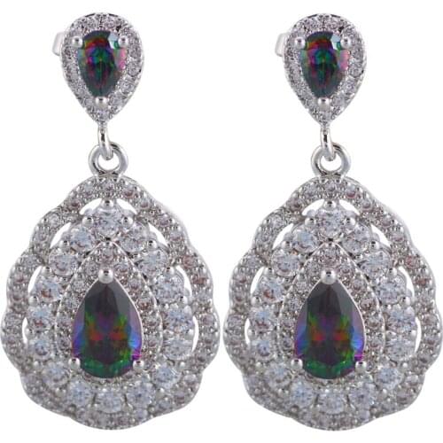 ROLILASON Rainbow color Zircon Water drop Silver filled 925 stamped Party Jewelry Sets Earrings Necklace rings JS705