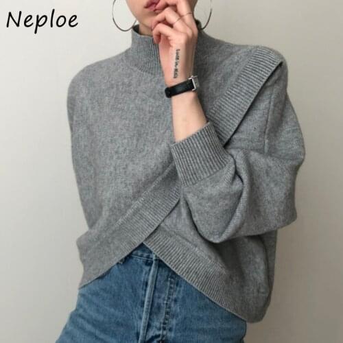 Neploe Chic Irregular Criss-cross Half-high Collar Pullovers Korean Loose Solid Color Tops Long Sleeve Knitted Sweaters Women