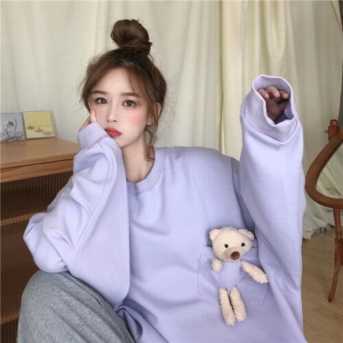 Korean Ulzzang Harajuku cute Bear Baby Hoodie Sweatshirts Loose Sweatshirt Streetwear Floral Print Hoodies Pullovers худи