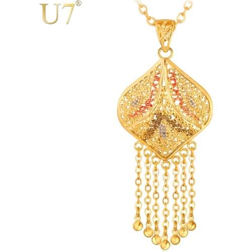 U7 Trendy Necklace Long Tassels Gold Color Hollow Pendant Necklace Women Indian Jewelry Wholesale P553