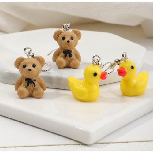 2021 3D Cartoon Animal Plastic Resin Drop Earrings Cute Yellow Duck Brown Bear Dangle Earrings Kids Childrens Friendship Gifts