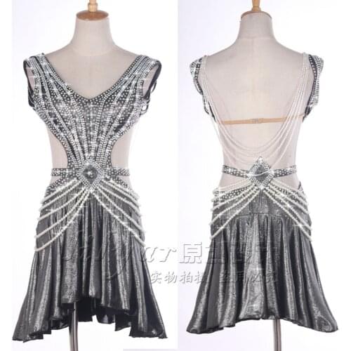 New Latin dance skirt competition skirt performance Skirt Adult custom silver flash diamond open back sexy dance skirt