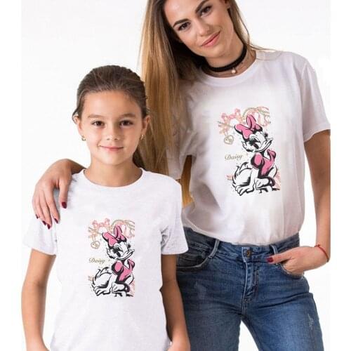Ladies T-shirt Daisy Duck Print T-shirt Casual White Short Sleeve Girl Top Summer Children Sisters Mommy and Me Family Clothes