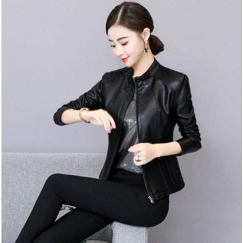 Autumn Winter Women Motorcycle Coat Faux PU Leather Jacket Coat Stand Collar Moto Biker Black Punk Slim Short Outwear Y526