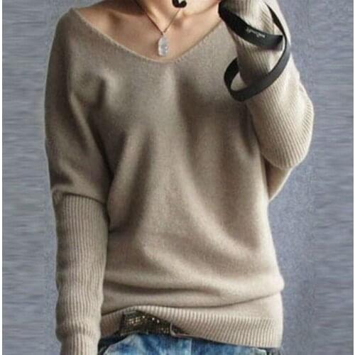 2020 Autumn Sweater Women Jumper V-neck Batwing Long Sleeve Casual Loose Cashmere Sweater Female Knitted Pullovers Basic Tops