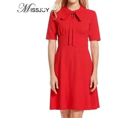 MISSJOY Vintage Short Sleeves Summer 2019 Women Dresses Casual Party Pleat Knee-Length High Waist Hollow Out With Bow Female Red