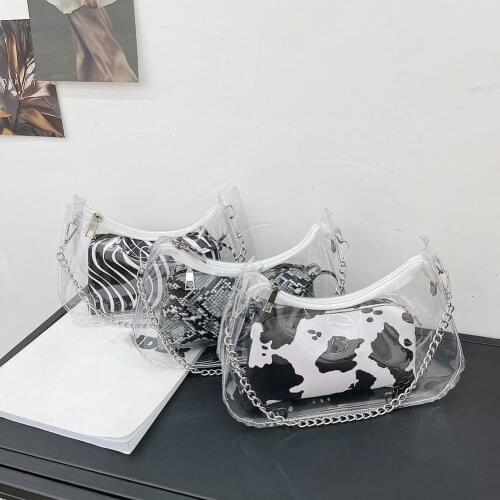 Animal Pattern Printing Transparent Shoulder Underarm Bag Fashion Women PU Leather Chain Small Handbags Purse 2pcs Composite Bag