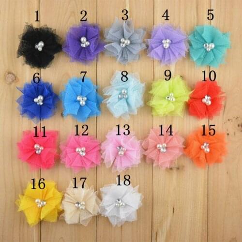 100pcs/lot 18 Color 2" Mini Tulle Mesh Chiffon Flowers Rhinestone Pearl In Center DIY Craft Boutique Hair Accessories F27