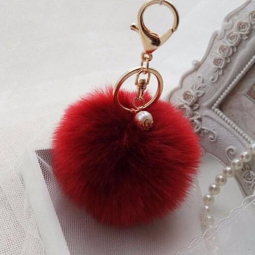 2018 Simple Rabbit Fur Pearl 8cm Key Ring Cell Phone Ball PomPom Handbag Pendant Charm Car Keychain