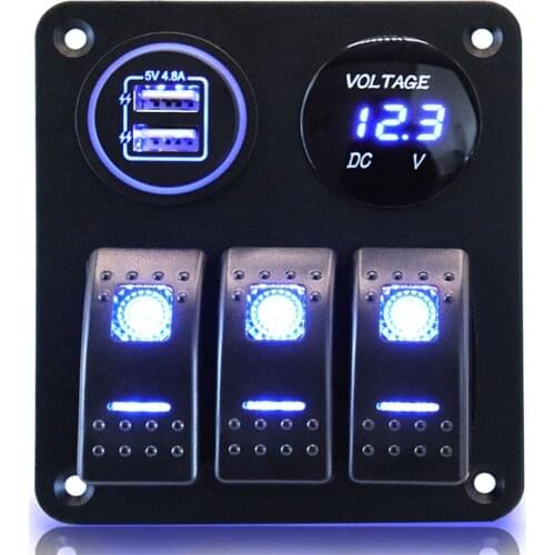 3 Gang Waterproof Boat Rocker Switch Panel 12V, with LED Digital Display Voltmeter and 4.8A Dual USB Slot Socket for Boat Car