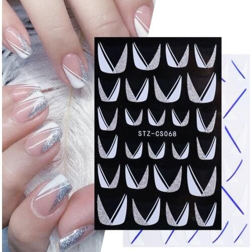 1pcs 3D Nail Art Decal Sticker Glitter Silver White French Design Irregular Strip Slider Ballerina Nails Decorations JISTZ-CS068