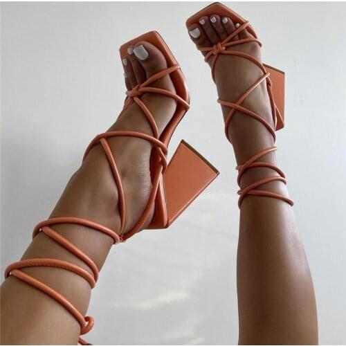 Summer Womens Sandals 11cm High Heels Fashion Solid Color Strap Party Shoes Orange Square Head Lace-Up Style Shoes Plus Size 35