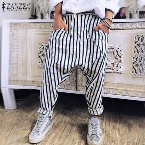 ZANZEA Women Elastic Waist Harem Trousers Striped Pants Casual Drop Crotch Pants Female Loose Pantalon Cargo Pants Streetwear