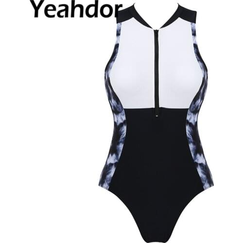 One Piece Swimwear for Women Athletic Beachwear Zip Front UV Protection Sleeveless Print Swimsuit Female Swimming Bathing Suits