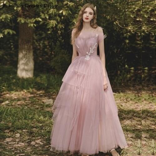 Pink Appliques A Line Prom Dresses Lace Up Backless Spaghetti Strap Long Evening Dress Party Gowns 2021 Tulle Robe De Soirée