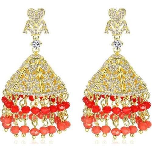 Indian Jhumka Jhumki Ethnic Gypsy Retro Beads Tassel Bells Drop Dangle Earrings For Women Bridal Party Rhinestone Jewelry Gifts