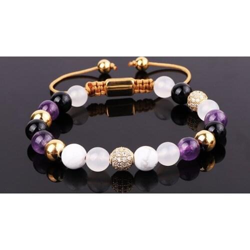 Jaravvi High Quality 8mm Natural Stone Amethyst Howlite Beads Braided Friendship Macrame Bracelet For Women