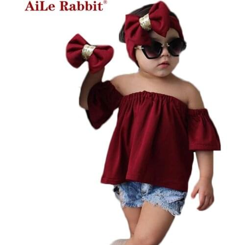 AiLe Rabbit INS Newest Girls Clothes Suit Shirt Denim Shorts Headband 3 Pcs Set Fashion Bow Wine Red Collar Kids Top k1