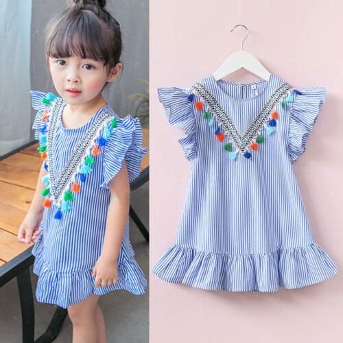 2-7 Years Summer Girls Tassel Flying Sleeve Dresses Stripe Cute A-Line Kids Party For Girls Princess Dress Tops Clothes