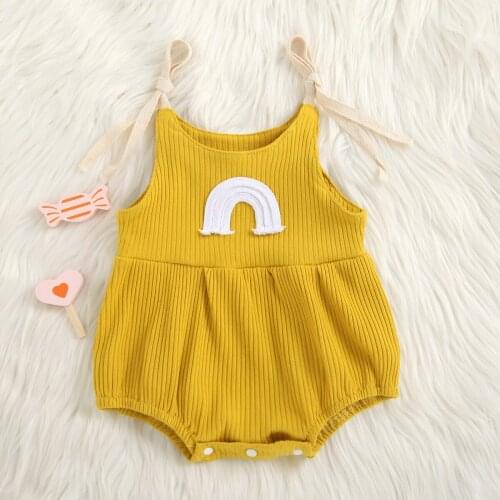Summer Newborn Baby Boys Girls Ribbed Romper Sleeveless Rainbow Pattern Tie-up Playsuit Toddler Suspender Jumpsuits