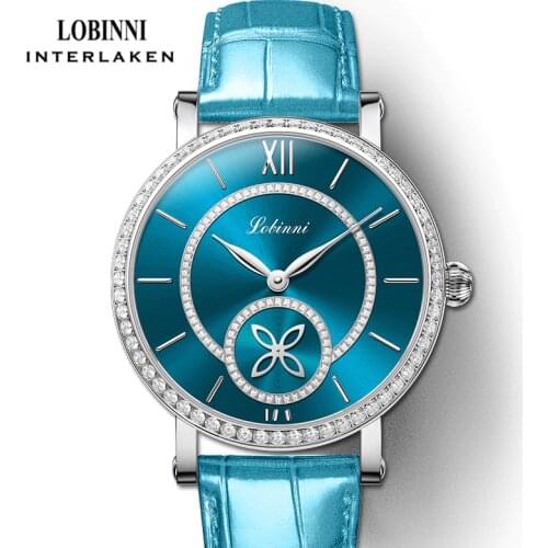 LOBINNI Fashion Women Watch Sapphire Glass Waterproof Automatic Mechanical Watches Blue Leather Strap Diamond Watch