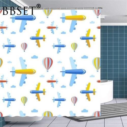 Cartoon Shower Curtain Funny Little Plane and Balloon Pattern Waterproof Multi-size Douchegordijn Kids Bathroom Decor with Hooks