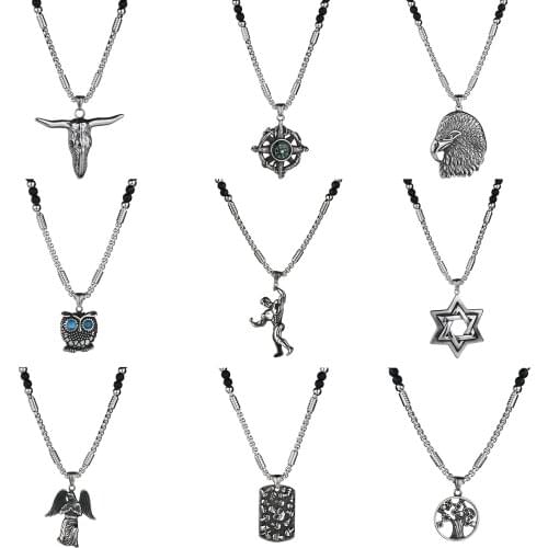 Eagle/Cow/Skull/Head Hexagram Compass Angel Life Tree Pendant Necklaces Stainless Steel with Glass Beads Necklace