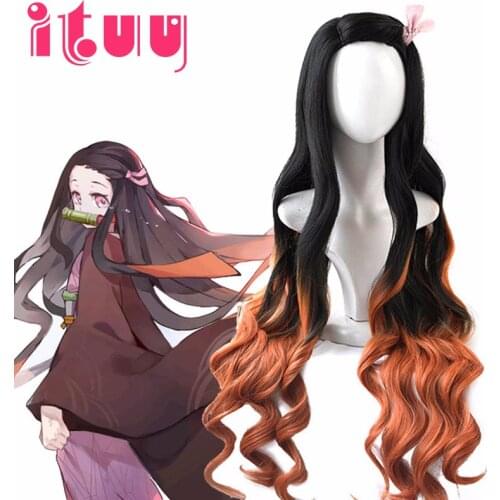 Kamado Nezuko Wig Demon Slayer: Kimetsu no Yaiba Nezuko Cosplay 95cm Gradient Long Hair Accessories Heat Resistant Synthetic Wig