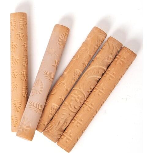Clay Pattern Roller Wooden Handle Pottery Tools Flower Relief Wood Hand Rollers for Clay Clay Stamp polymer clay tools