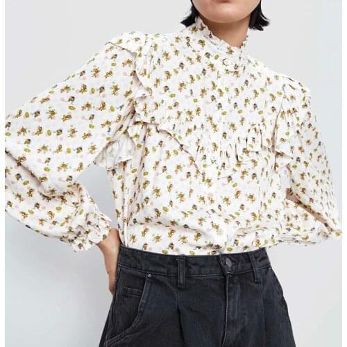 Trendy Long Sleeve Print Shirt Women Laminated Decoration Closure Charm Style Blouse Turn-down Collar Ages 18-35 Years Old Full