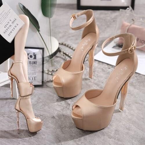 Fashion Word Buckle Simple Solid Color Super High Heel 15 Cm Sexy Ladies Sandals Summer Hot Sale With Waterproof Platform