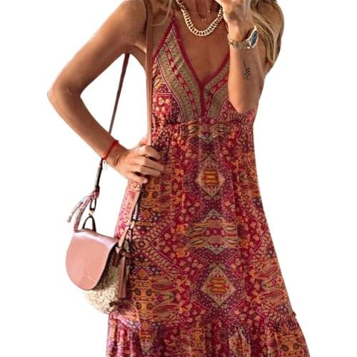 Boho Style Vantage Sundress Womens Maxi Dress Floral Midi Sleeveless Deep V Neck Loose High Waist Summer Girl’s Beach Clothes