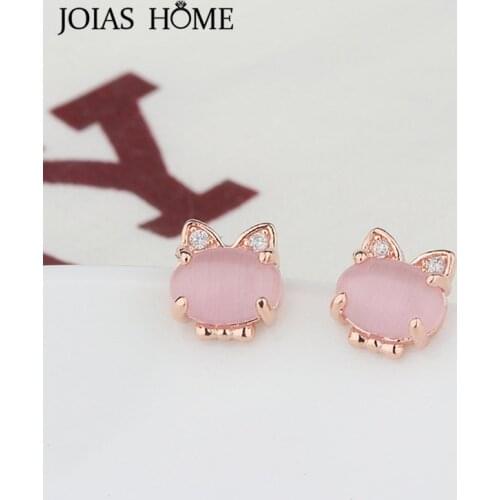 JoiasHome Trendy Silver 925 Jewelry Gemstones ross quartz Earrings for Women Lovely Kitten Ear Studs Rose Gold Color Girl Gift