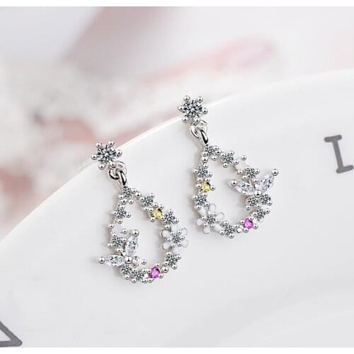 New Fashion Romantic Garland Stud Earrings Shiny Zircon Crystal Butterfly Female Water-Drop Trendy Wedding Earring Jewelry