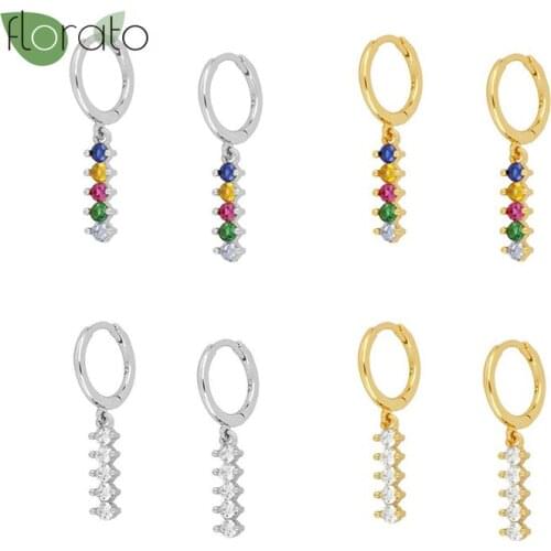 925 Sterling Silver Rainbow Crystal Hanging Huggies Hoops Earrings for Women Boho Classic Charming Earrings Thin Hoops Gift