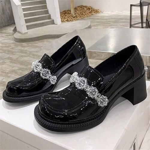 Crystal Decor Women Pumps Patent Leather 6CM Chunky High Heels Black Dress Shoes Woman Valentine Shoes Ladies Retro Shoes