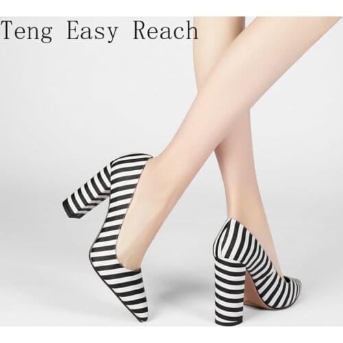 Spring/Autumn Striped Print Women Pumps High Heels Pointed Toe Square Heel Shoes Women Zebra Print Ladies Wedding Shoes 41 42 43