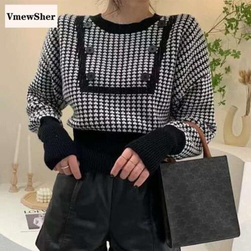 VmewSher New O-neck Plaid Pullover Women Short Sweater Autumn Winter Houndstooth Pullover Vintage Long Sleeve Knitted Crop Tops